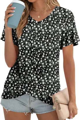 Womens Casual Summer Tunic Tops Short Sleeve Blouse Front Twist V-neck Tee Shirt