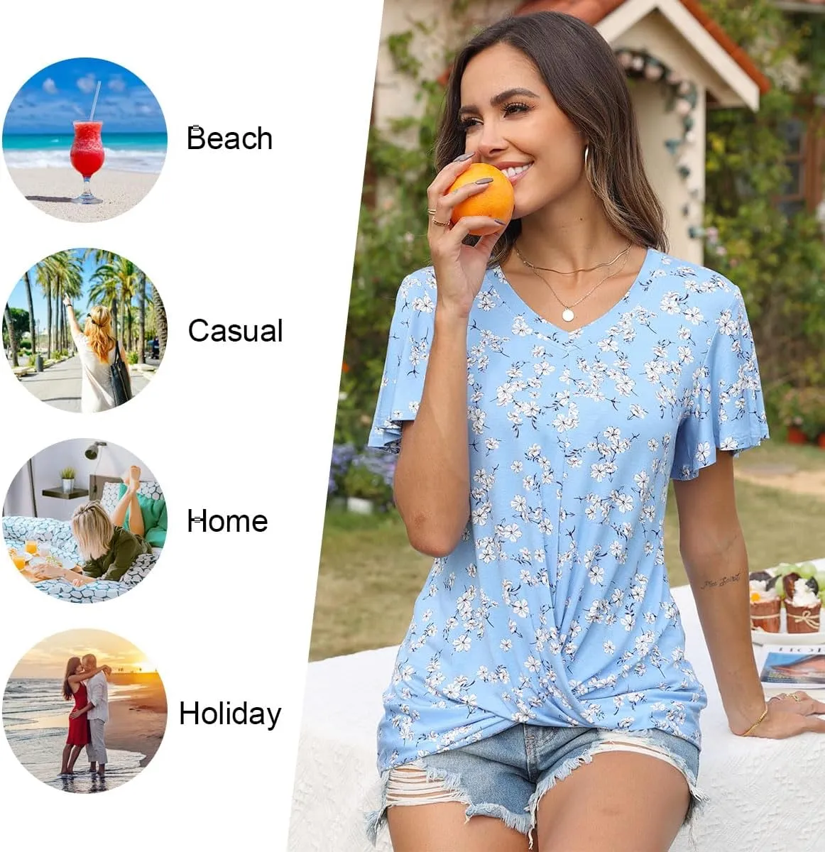Womens Casual Summer Tunic Tops Short Sleeve Blouse Front Twist V-neck Tee Shirt