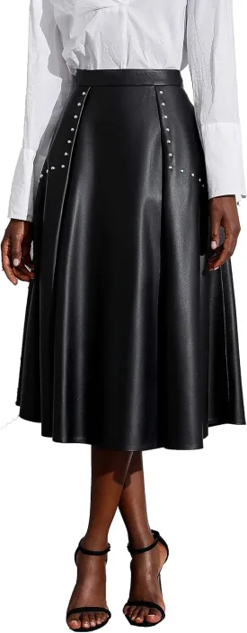 Women's High Waisted Genuine Leather Midi Skirt Flared Skater Real Leather Skirt Black
