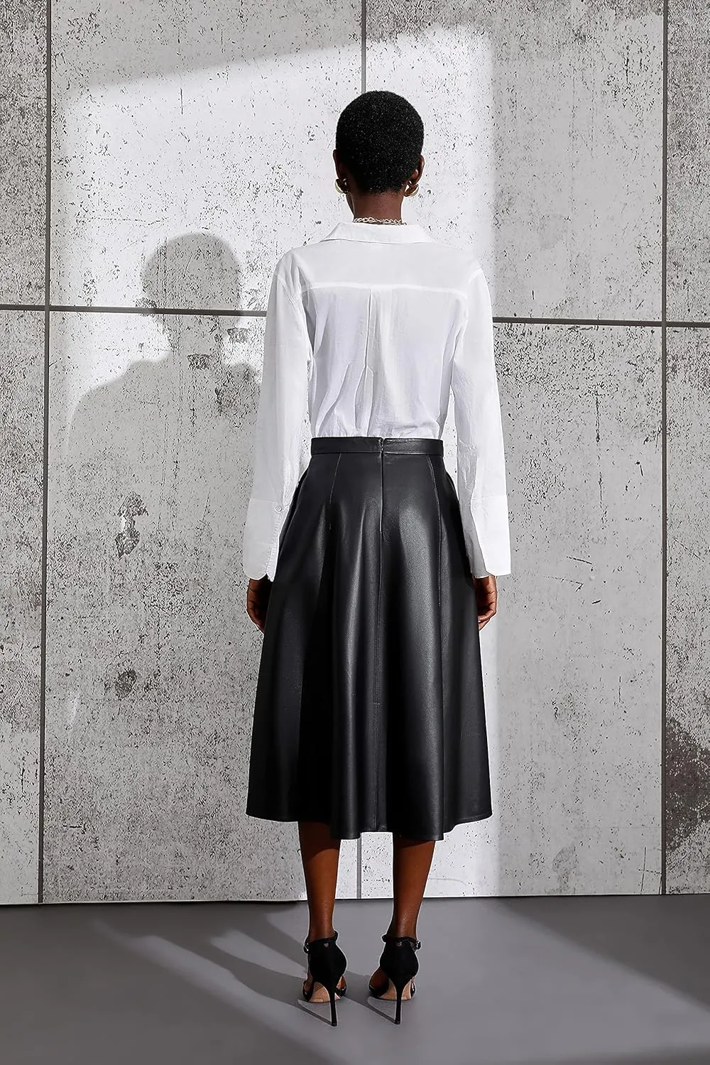 Women's High Waisted Genuine Leather Midi Skirt Flared Skater Real Leather Skirt Black