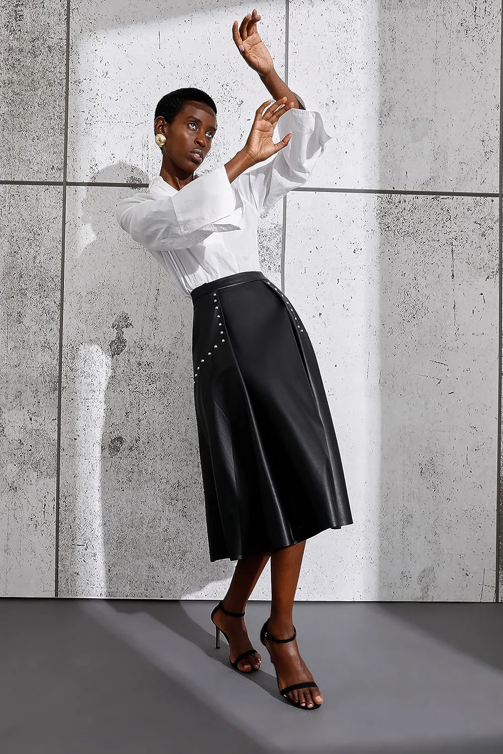 Women's High Waisted Genuine Leather Midi Skirt Flared Skater Real Leather Skirt Black