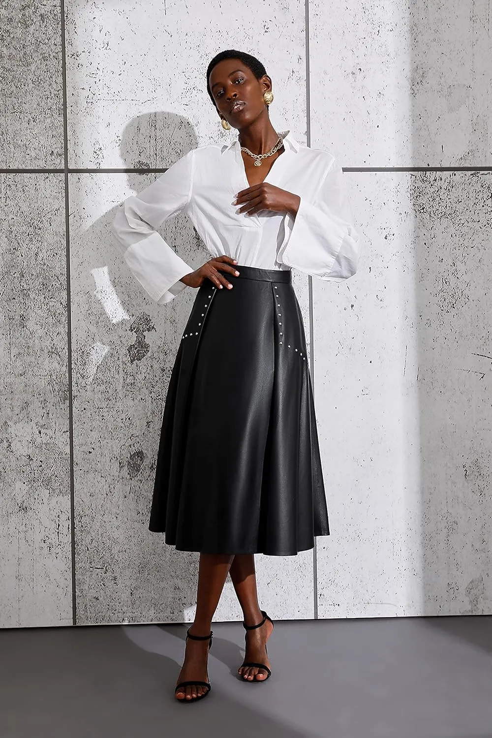Women's High Waisted Genuine Leather Midi Skirt Flared Skater Real Leather Skirt Black