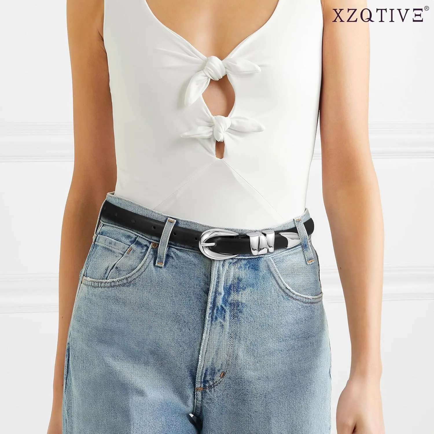 XZQTIVE Women's Skinny Leather Belts Ladies Thin Waist Belts for Jeans Dress Pants Trendy Black Belt with Gold Buckle