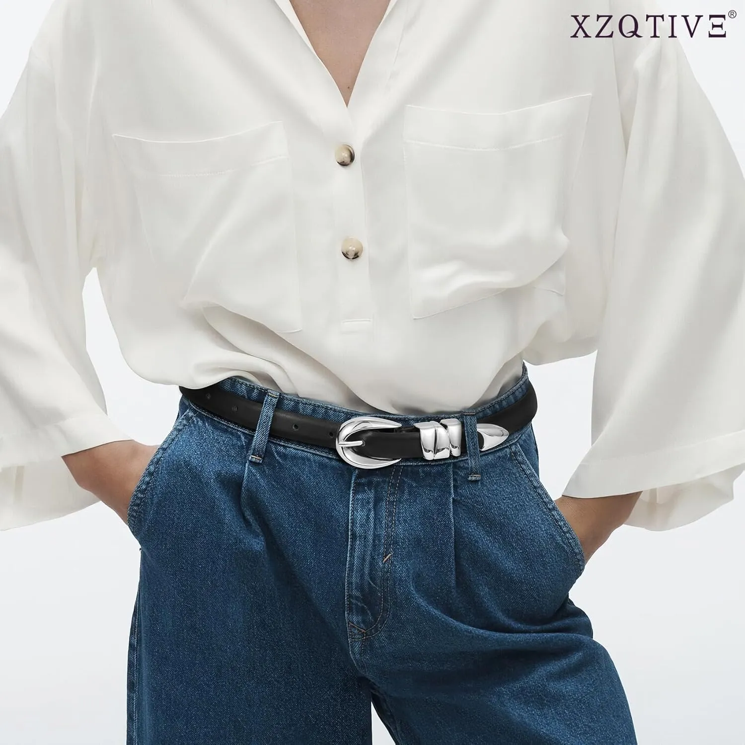 XZQTIVE Women's Skinny Leather Belts Ladies Thin Waist Belts for Jeans Dress Pants Trendy Black Belt with Gold Buckle