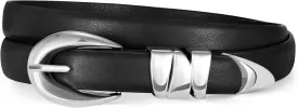 XZQTIVE Women's Skinny Leather Belts Ladies Thin Waist Belts for Jeans Dress Pants Trendy Black Belt with Gold Buckle