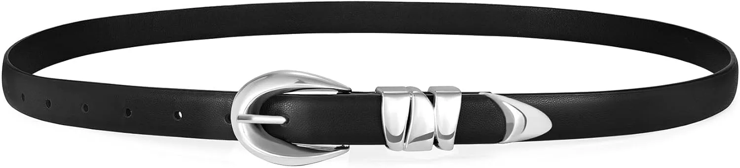 XZQTIVE Women's Skinny Leather Belts Ladies Thin Waist Belts for Jeans Dress Pants Trendy Black Belt with Gold Buckle